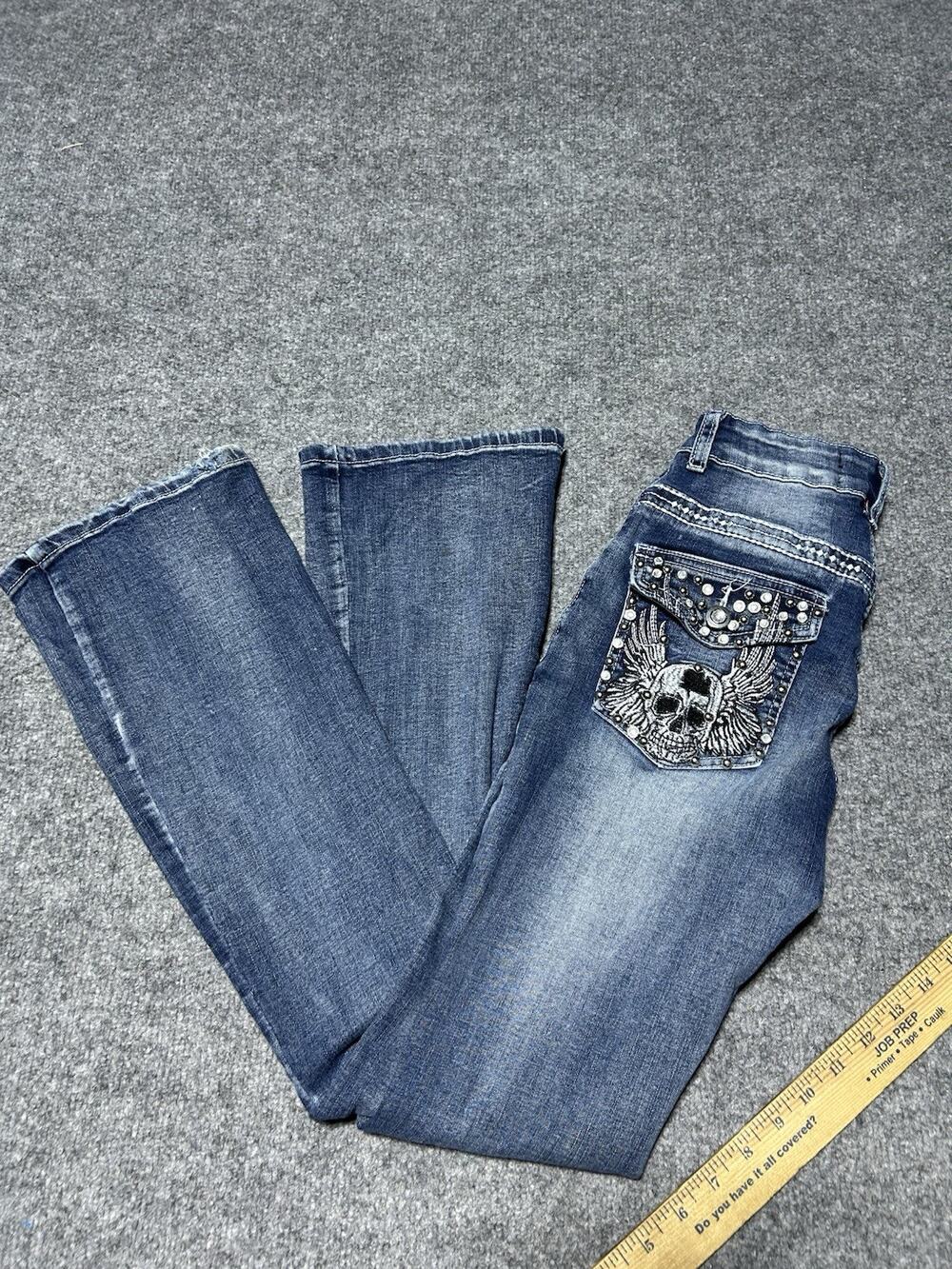 Sky Y2K Embellished Rhinestone Pocket Light Wash Stretchy Boot Cut Jeans Sz 1